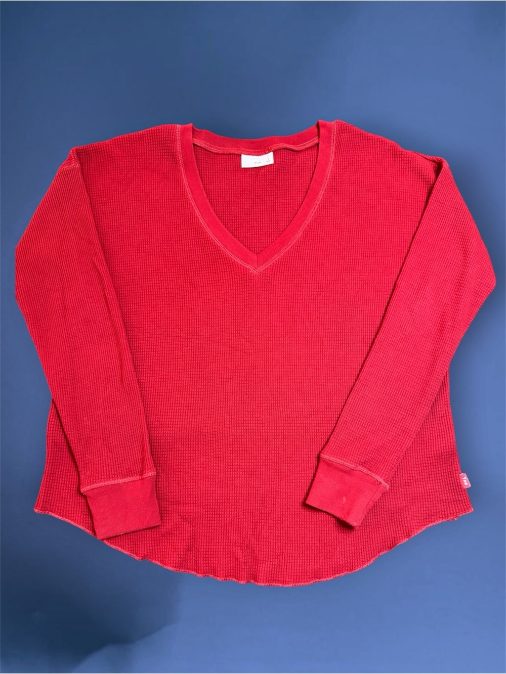 TNA Women's V-Neck Thermal Waffle knit Sweater - Red Sz S